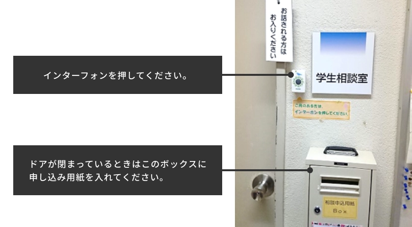 インターフォンを押してください。ドアが閉まっているときはこのボックスに申し込み用紙を入れてください。