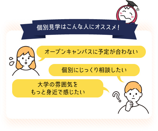 個別見学はこんな人にオススメ！オープンキャンパスに予定が合わない／個別にじっくり相談したい／大学の雰囲気をもっと身近で感じたい